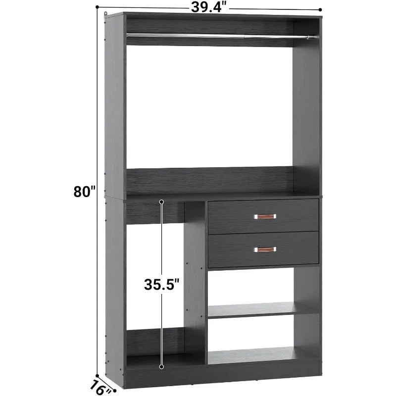 Freestanding Closet System with Suitcase Storage, 40 Inches Stand-Alone Wardrobe 80'' Height Adjustable Cloth Garment Rack