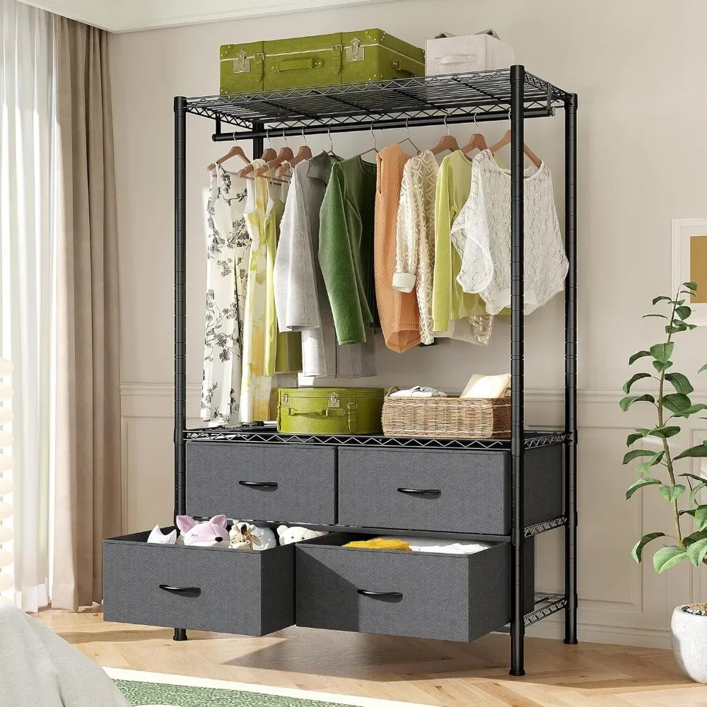 Clothes Rack, Clothing Rack 450LBS Garment Closet Rack Drawers Heavy Duty Clothes Racks for Hanging, DIY Wardrobe Black