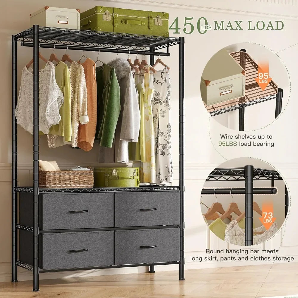 Clothes Rack, Clothing Rack 450LBS Garment Closet Rack Drawers Heavy Duty Clothes Racks for Hanging, DIY Wardrobe Black