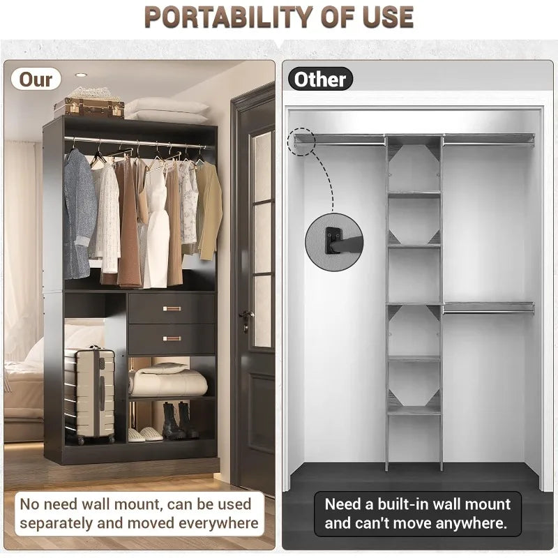 Freestanding Closet System with Suitcase Storage, 40 Inches Stand-Alone Wardrobe 80'' Height Adjustable Cloth Garment Rack