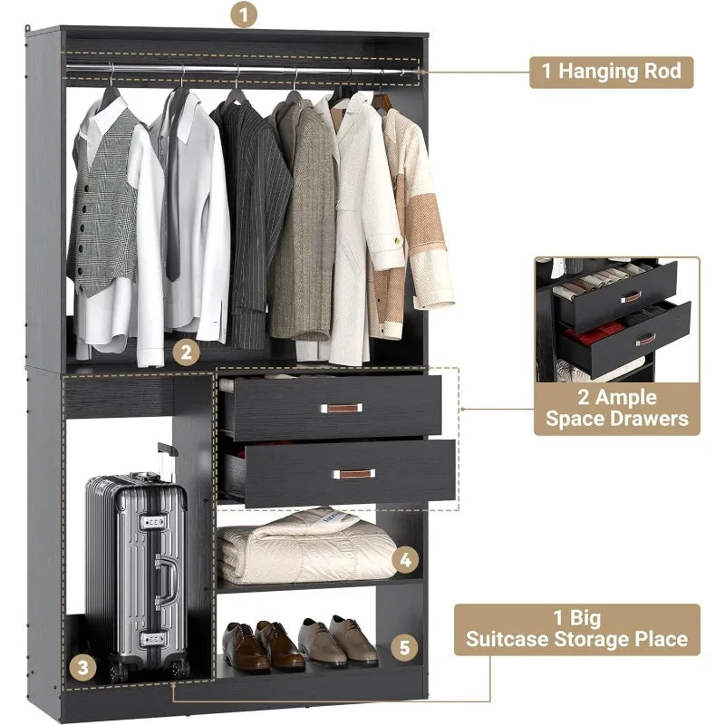 Freestanding Closet System with Suitcase Storage, 40 Inches Stand-Alone Wardrobe 80'' Height Adjustable Cloth Garment Rack