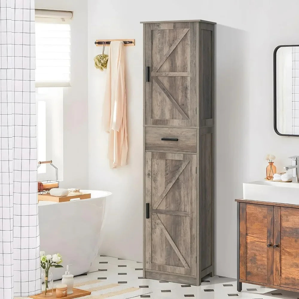 Bathroom Storage Cabinet with 2 Doors & 1 Drawer, Tall Bathroom Cabinet with 6 Shelves, for Bathroom, Living Room,Rustic Oak