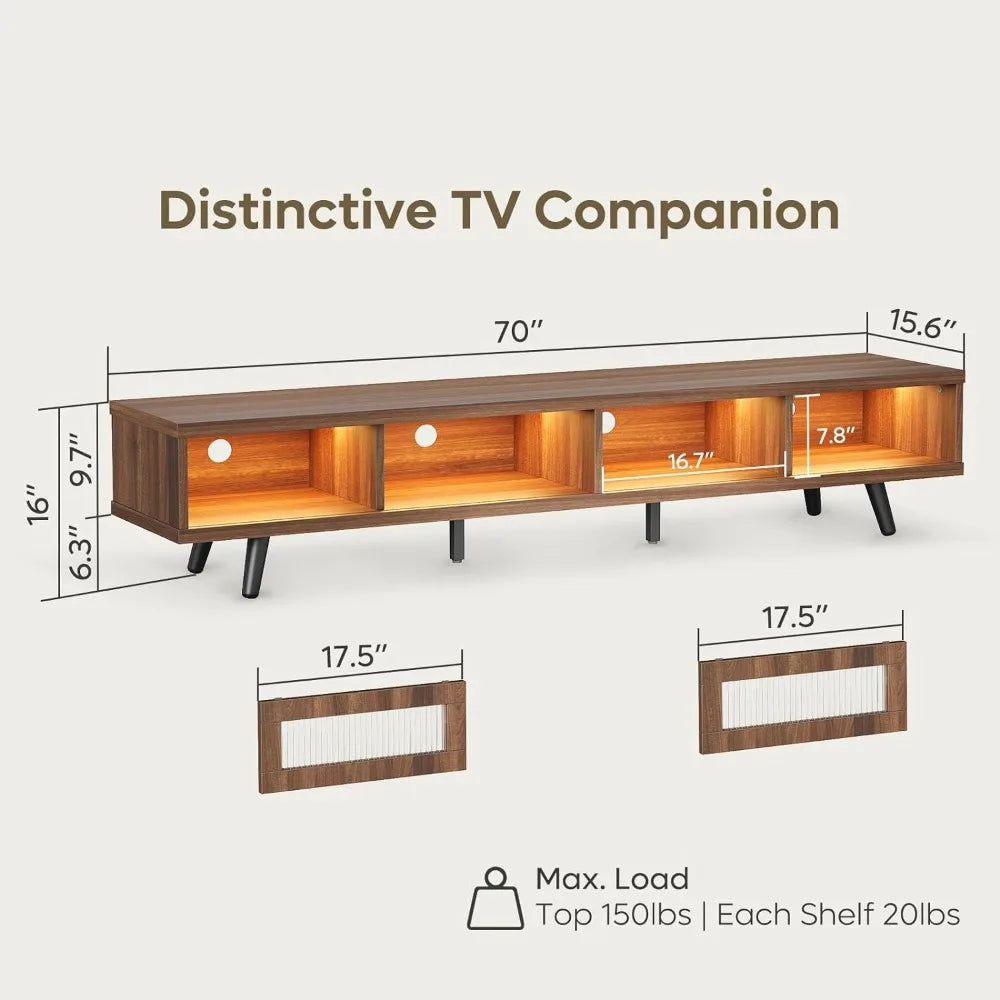 Mid Century Modern TV Stand for 75 inch TV, LED Entertainment Center with Storage and Sliding Doors, Low Profile TV Consoles