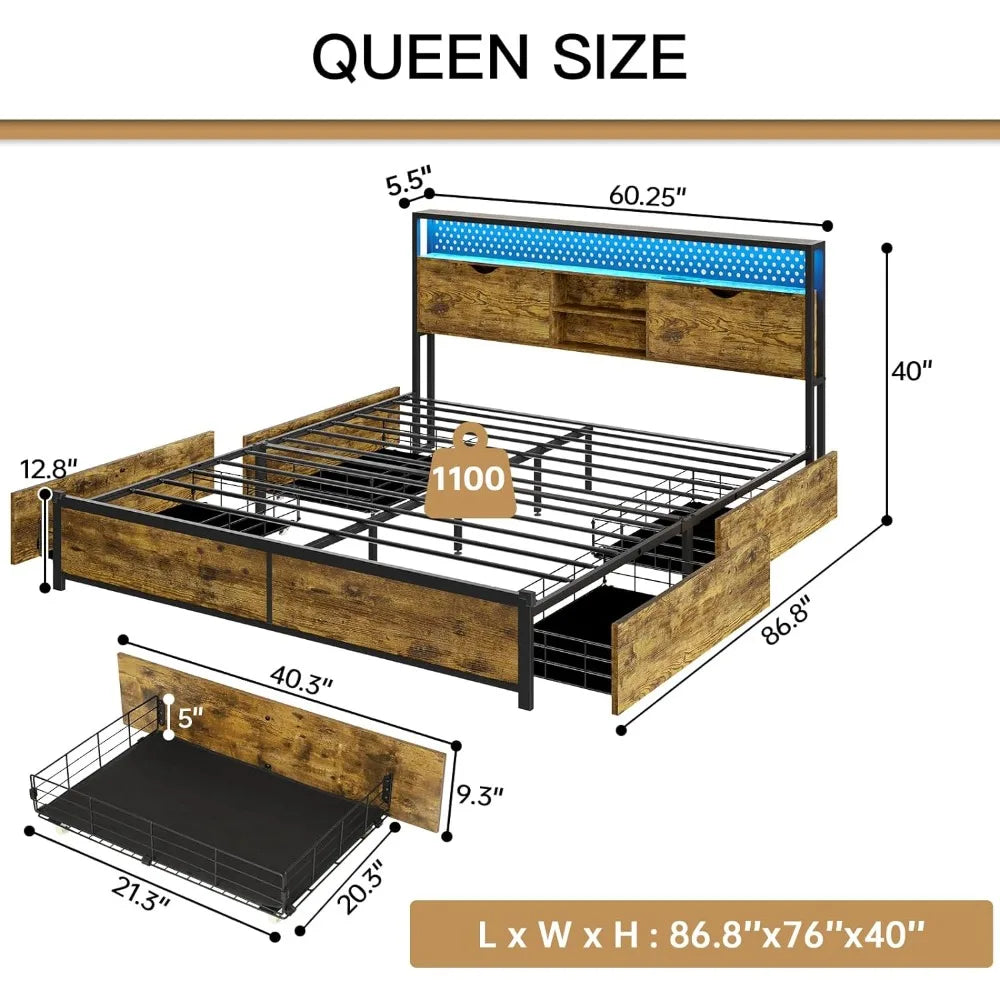 Queen Beadboard, No Box Spring Needed, Bed Frame 4 drawers