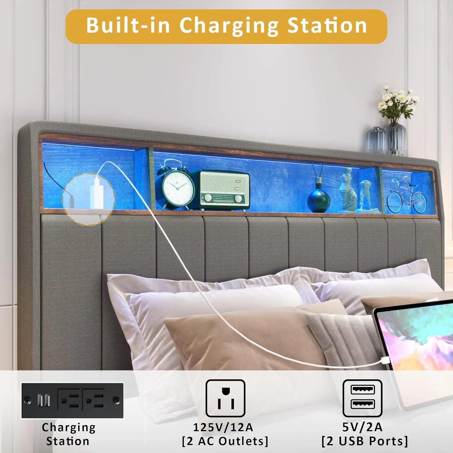 Queen Bed Frame with Built in Charging Station & LED, Noise-Free/Wood Support/No Box Spring Needed