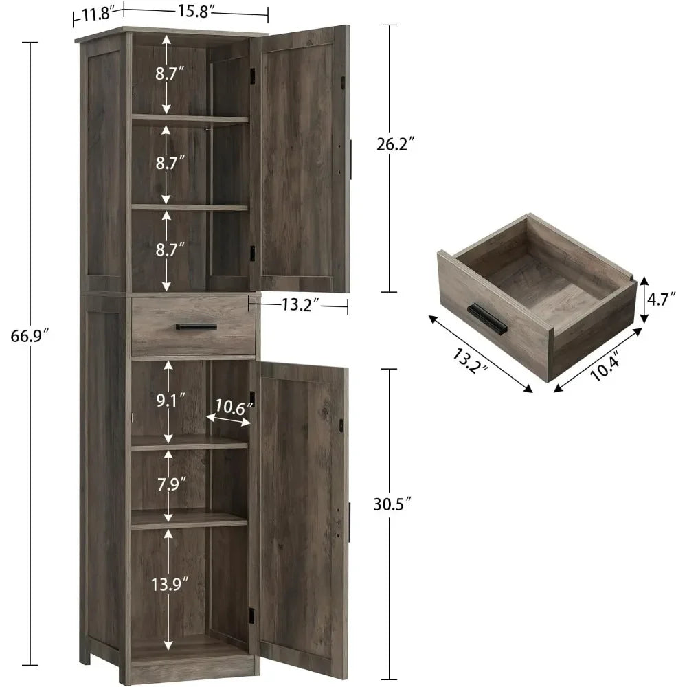 Bathroom Storage Cabinet with 2 Doors & 1 Drawer, Tall Bathroom Cabinet with 6 Shelves, for Bathroom, Living Room,Rustic Oak