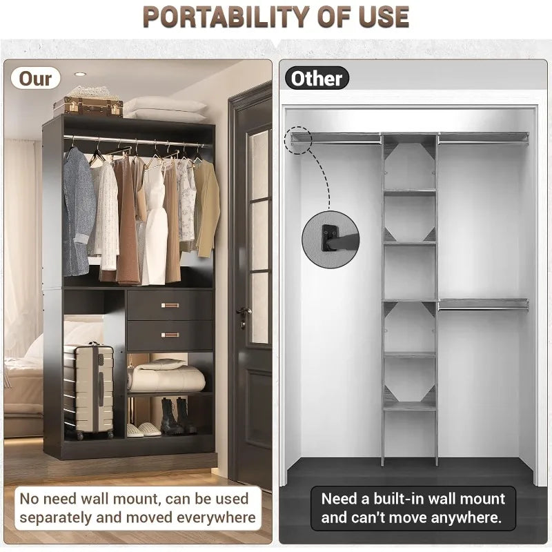 Freestanding Closet System with Suitcase Storage, 40 Inches Stand-Alone Wardrobe  80'' Height Adjustable Cloth Garment Rack