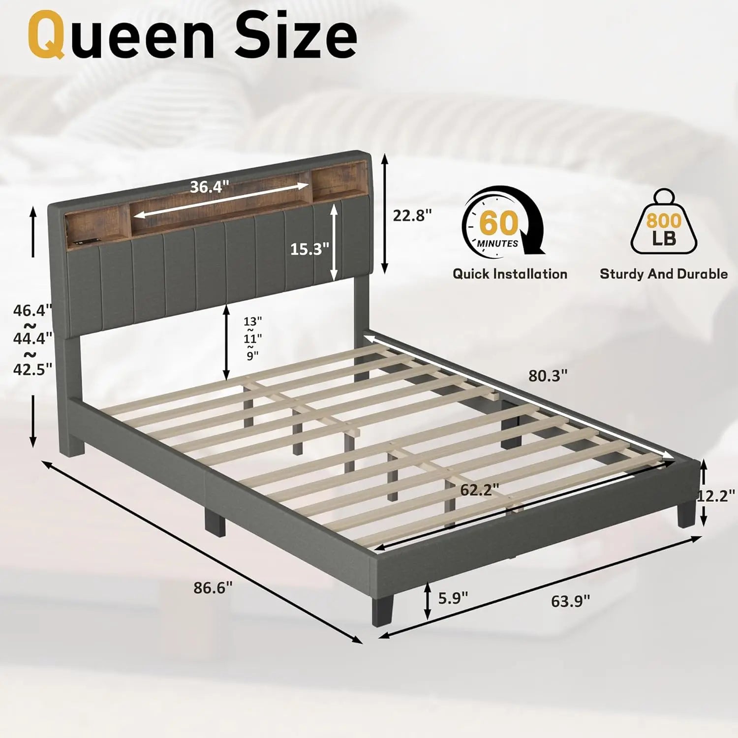 Queen Bed Frame with Built in Charging Station & LED, Noise-Free/Wood Support/No Box Spring Needed