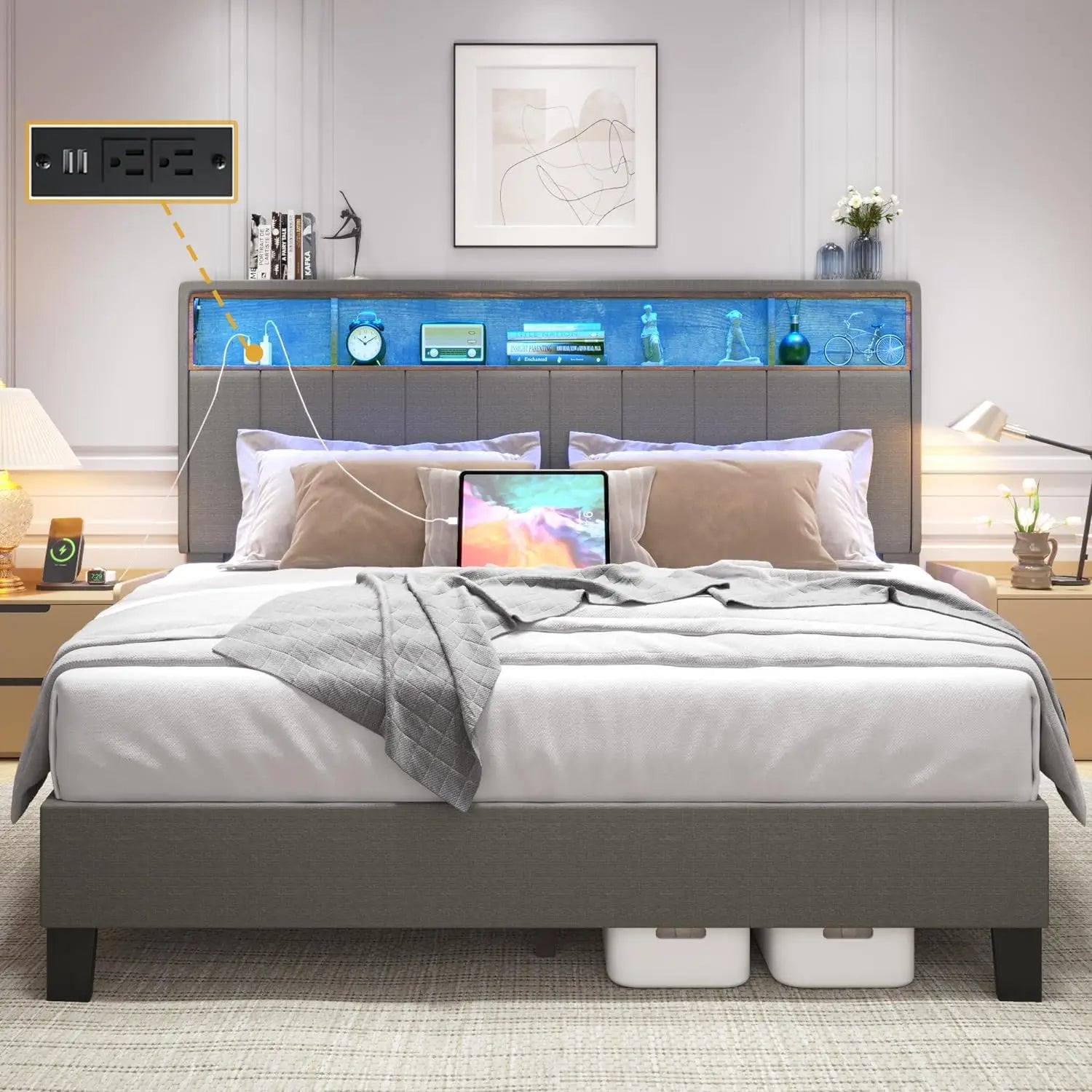 Queen Bed Frame with Built in Charging Station & LED, Noise-Free/Wood Support/No Box Spring Needed