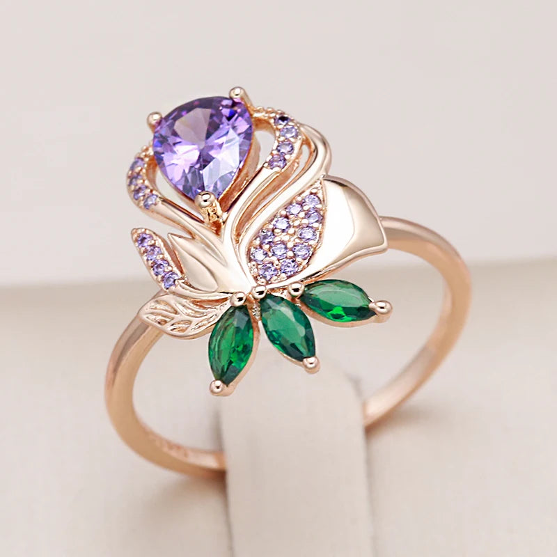 Kienl Vintage Purple Rose Gold Color Crystal Flower Big Ring