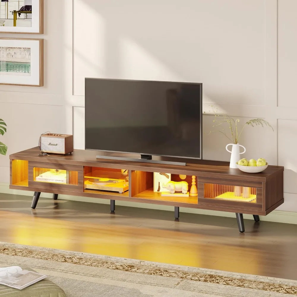 Mid Century Modern TV Stand for 75 inch TV, LED Entertainment Center with Storage and Sliding Doors, Low Profile TV Consoles